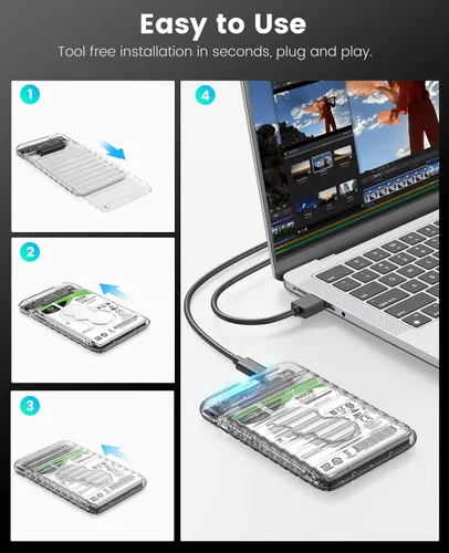 Vista 10 de ORICO Caja de disco duro externo de 2.5 pulgadas USB C a SATA III 5Gbps transparente para todos los discos SATA SSD HDD de 7mm 9.5mm 2.5 pulgadas
