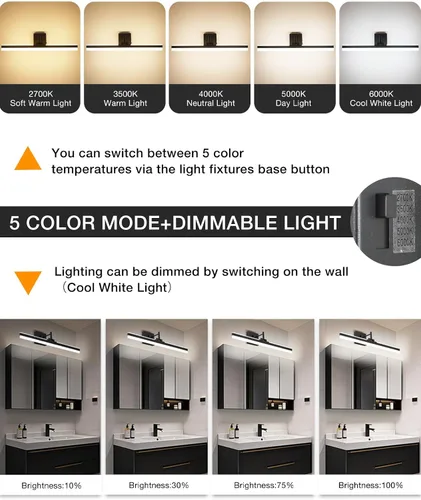 Vista 4 de Moderna lámpara de tocador negra ajustable LED para baño sobre espejo giratorio (negro, 23.6 pulgadas, 5CCT regulable)