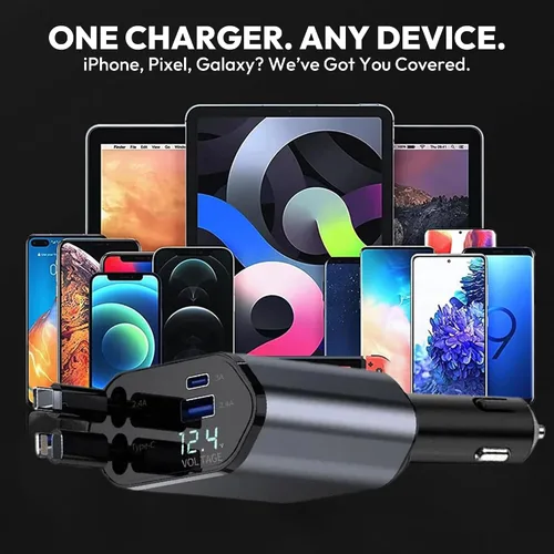 Vista 2 de Cargador retráctil para automóvil de 120 W, cable USB-C y Lightning 4 en 1, adaptador de carga rápida para iPhone 16/15/14, Samsung, Android, puerto