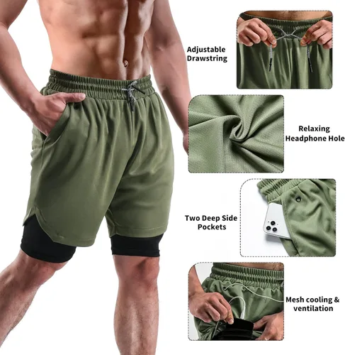 Vista 3 de Pantalones cortos 2 en 1 para hombre, 2 unidades, pantalones cortos de gimnasio para correr para hombre de 7 pulgadas, pantalones cortos
