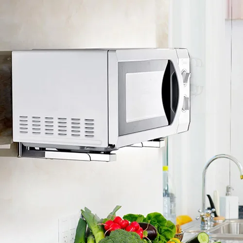 Vista 2 de iayokocc Soporte de microondas montado en la pared, soporte plegable de acero inoxidable estante de horno de cocina (plata)
