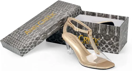 Vista 7 de ANN CREEK Sandalias de tacón transparente con correa en T y diamantes de imitación para mujer