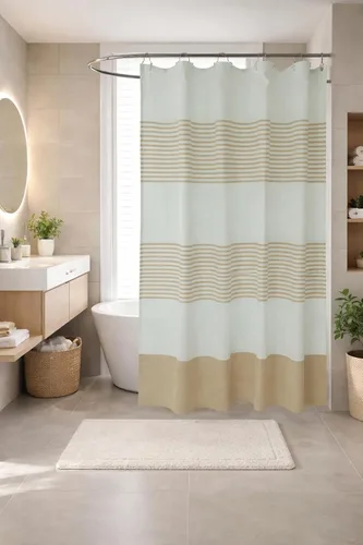 Vista 23 de Serafina Home Cortina de ducha de tela blanca y negra a rayas náuticas: hotel de lujo 100% algodón con tejido decorativo detallado para baño 70 "x