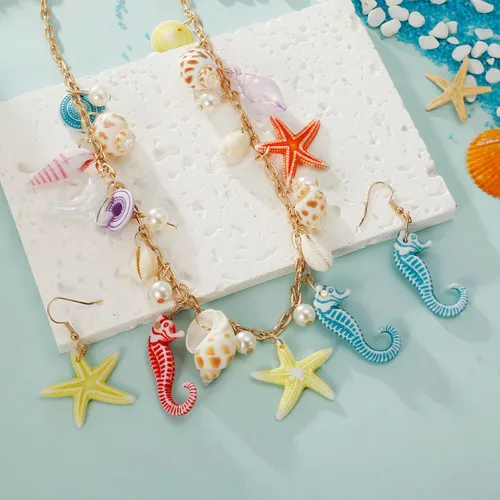 Vista 4 de Collar de estrella de mar de concha, pulsera de caracola, collar grueso de sirena, joyería de playa para mujer