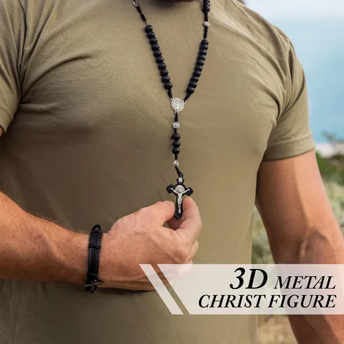 Vista 8 de MAZUNDA Cuentas de rosario, perfectas para hombres y grandes mujeres católicas con medalla de San Benito, pulseras de cruz de cuero de cortesía