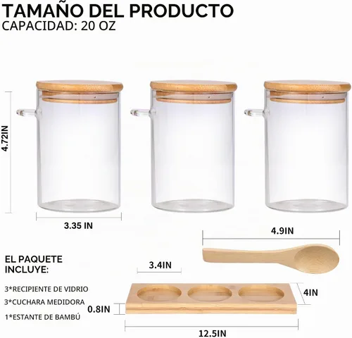 Vista 2 de Recipiente de Vidrio para Almacenamiento de Especias con Cuchara, 3 Frascos Herméticos de 20oz para Condimentos con Bandeja, Juego de Recipientes