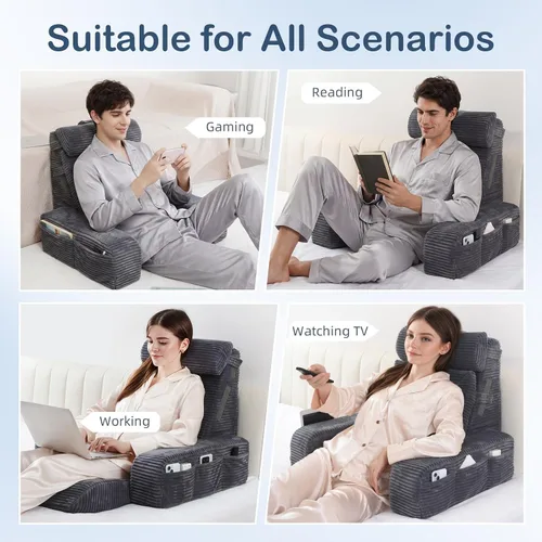 Vista 7 de Vekkia - Almohada de lectura ajustable y almohada trasera con respaldo – Espuma multi-densidad zonificada para soporte específico, bolsillos