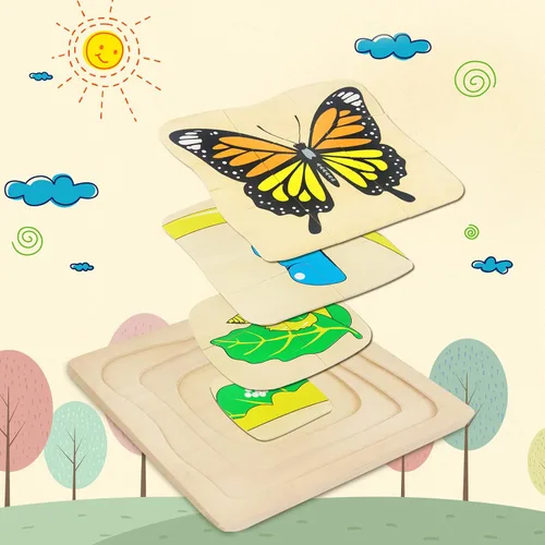 Vista 4 de Montessori - Rompecabezas de madera para niños de 4 a 8 años, rompecabezas de ciclo de vida de mariposa de 4 capas para niños pequeños, rompecabezas