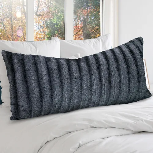 Vista 8 de Cheer Collection Almohada Larga de Pelo Sintético - Almohada Decorativa para Cama y Sofá - Almohada Lumbar Decorativa con Relleno, Negra