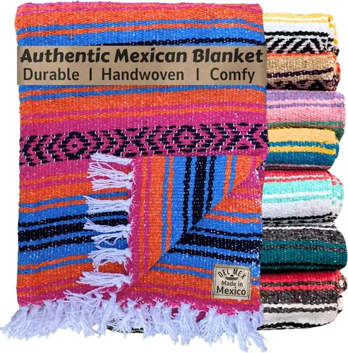 Vista 20 de Del Mex Manta clásica mexicana, gran manta falsa tejida auténtica (70 x 50 pulgadas), decoración artesanal del suroeste para playa, yoga, aire libre