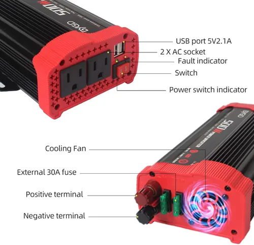 Vista 4 de BYGD Inversor de corriente de 500 W CC 12 V a CA 110 V con 2 salidas de CA