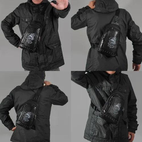 Vista 2 de Bolso bandolera pequeño de cuero genuino para hombres Crossbody, bolso negro de hombro de calavera para hombre, mochila de una sola correa, Negro