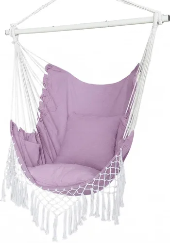 Vista 12 de Silla Hamaca, Asiento de Columpio Colgante de Cuerda con 2 Cojines, Silla Colgante de Macramé con Bolsillo Lateral con Varilla de Metal de Alta