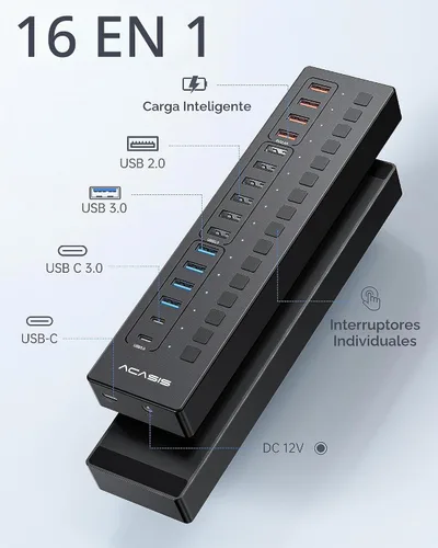 Vista 2 de Concentrador USB 3.0 alimentado, concentrador USB ACASIS de 16 puertos (incluye 2 puertos de carga inteligente USB C 3.0+4) con adaptador