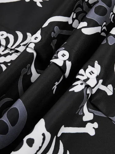 Vista 4 de Camisa de Halloween para Hombre de Hardaddy, de Manga Corta, con Botón, con Estampado Gracioso, Camisa Casual Negro