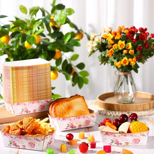 Vista 4 de Blulu 50 bandejas de papel para fiestas florales a granel, flores, té, botes, bandejas desechables para aperitivos para mujeres y niñas, fiesta