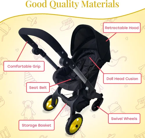 Vista 4 de Combo de Cochecito y Asiento de Coche para Muñeca Bebé – Cochecito de Muñeca Convertible 2 en 1 y Asiento de Coche para Niños – Se Adapta a Muñecas