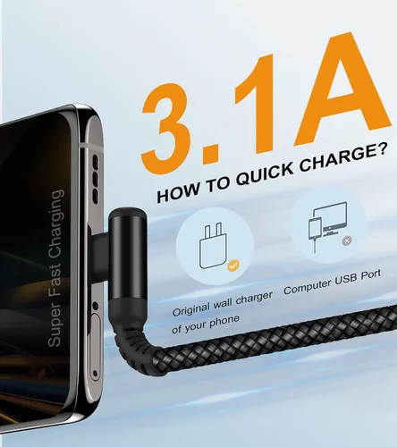 Vista 3 de sweguard Cable de carga USB tipo C en ángulo recto [2 unidades, 3.3 pies] 3.1A cable trenzado de nailon para iPhone 17, 16, 15 Pro Max Plus, iPhone