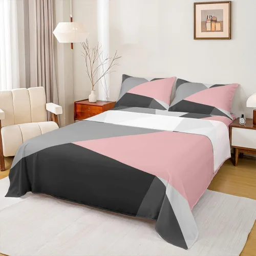 Vista 21 de Juego de sábanas de triángulo geométrico, color naranja, gris oscuro, gris claro, juego de ropa de cama individual para adolescentes y niñas, juego