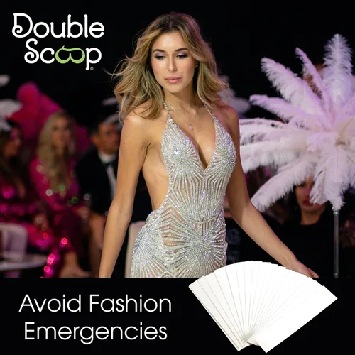 Vista 6 de Double Scoop® Tiras de cinta transparente de doble cara para moda (100 unidades), agradables al tacto para ropa, camisa + brasier, cinta adhesiva