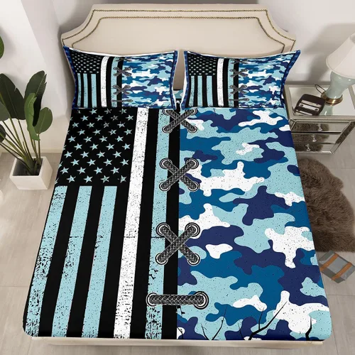 Vista 24 de Juego de ropa de cama de bandera estadounidense tamaño individual para niños, adolescentes y hombres, retro, verde militar, camuflaje, bandera