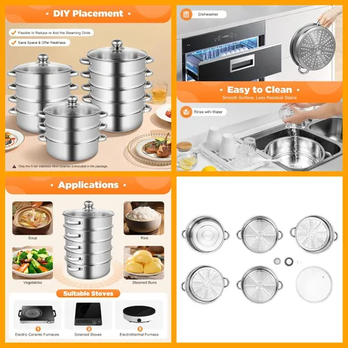Vista 6 de Vaporizador de 10.2 in/10.24 pulgadas, olla de vapor de acero inoxidable de 5 niveles con tapa de vidrio transparente y asas, olla de vapor redonda