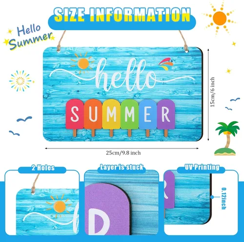 Vista 3 de Letrero de verano con texto en inglés «Hello Summer» para puerta delantera, decoración de bienvenida, letrero colgante para puerta de casa de campo