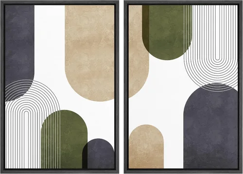 Vista 72 de Ashbrook - Set de arte de pared en lienzo enmarcado, tonos orgánicos de la tierra en beige y marrón con ilustraciones de trazos circulares, arte