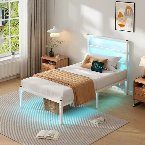 Vista 3 de CLIBFENG Base de cama individual con cabecero, soporte de listones de acero resistente, marco de cama LED con estación de carga USB, base de colchón