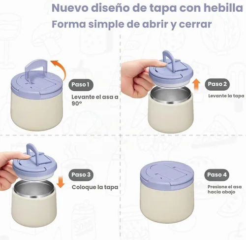 Vista 3 de Tarro aislado al vacío de 14 onzas con tapa de hebilla, termo de sopa para niños de comida caliente, boca ancha, a prueba de fugas, de acero