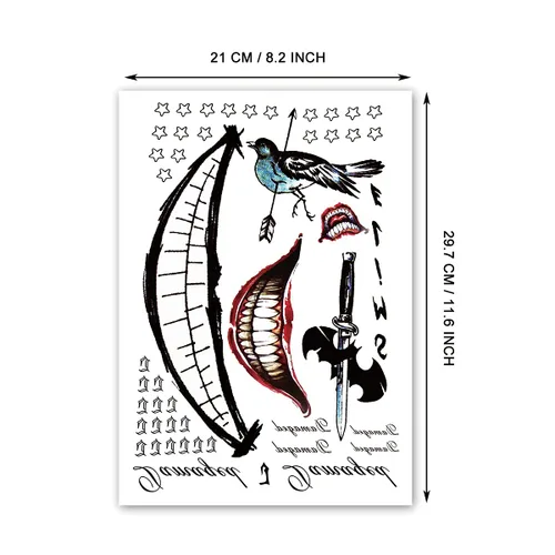 Vista 3 de Calcomanías de tatuaje falsas, 3 hojas de tatuajes temporales para mujer y 3 hojas de tatuajes para Halloween, disfraces, cosplay, fiestas