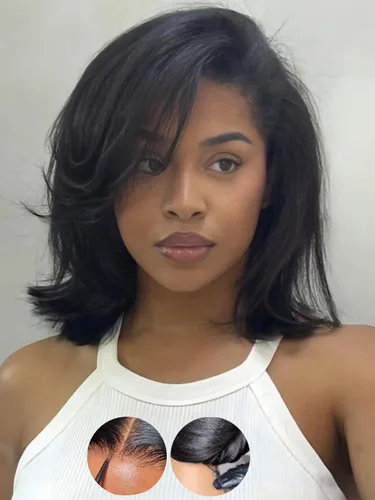 Vista 9 de KLAIYI Peluca de cabello humano con encaje frontal precortada 7x5, corte Bob en capas, corte romo, cordón sin pegamento, peluca predepilada