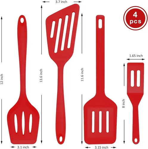 Vista 2 de Juego de 4 espátulas de silicona, espátula de silicona para uso en cocina, espátula ranurada para huevos, panqueques (rojo)