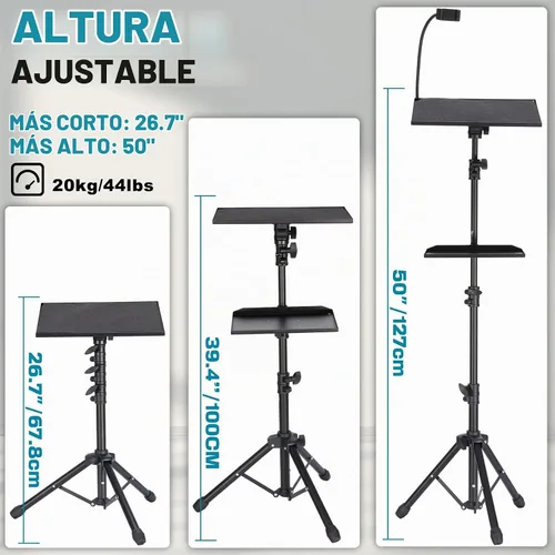 Vista 2 de Lusweimi Soporte de trípode para proyector, soporte para laptop de 50 pulgadas con 2 estantes para proyector, iPad, equipo de DJ, soporte de suelo