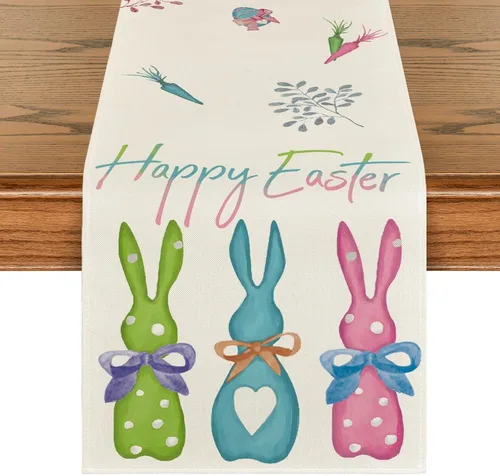 Vista 8 de Artoid Mode Camino de mesa de Pascua con diseño de conejo, zanahorias, conejo, feliz Pascua, primavera, verano, vacaciones, cocina, comedor