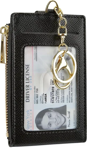 Vista 13 de Tarjetero de cuero para mujer, con bloqueo RFID, delgado y pequeño, con cremallera, llavero, bolsillo frontal, con 2 ventanas para identificación