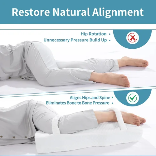 Vista 5 de HOMBYS Almohada de rodilla de espuma viscoelástica para dormir de lado, almohada de piernas para dormir con correas, elevación de cadera y piernas