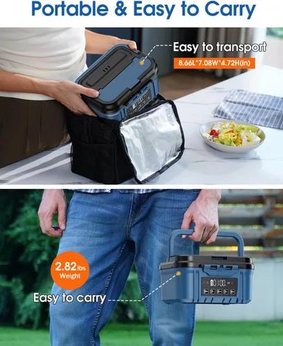 Vista 6 de Fiambrera eléctrica inalámbrica para adultos – Fiambrera calentada a batería con recipiente de acero inoxidable de 1.2 L, función de temporizador