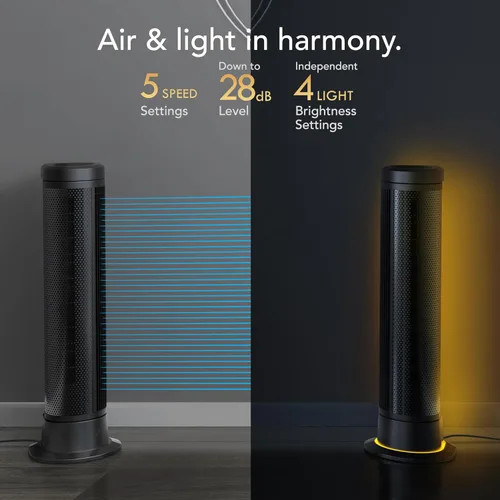 Vista 5 de Vornado ARA® Ventilador de torre oscilante con luz ambiental y control remoto, 40 pulgadas, silencioso y potente ventilador de pie, 5 velocidades