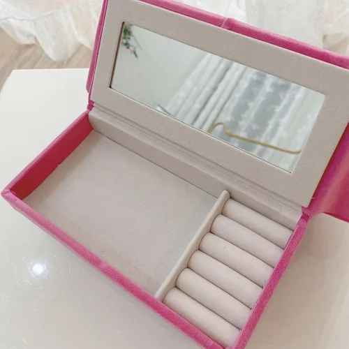 Vista 5 de Harilla Joyero en forma de diván, soporte de almacenamiento rosa, forro suave, regalo encantador, organizador de aretes para mesita de noche