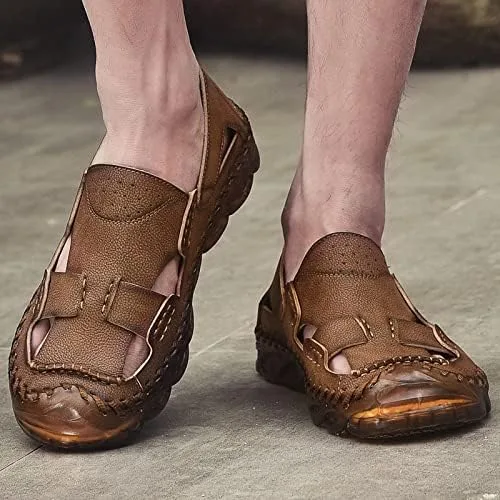 Vista 7 de Sandalias de cuero para hombre con punta cerrada para hombre transpirables zapatos de verano para pescador chanclas para hombre color marrón negro