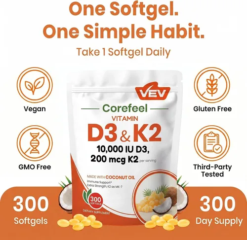 Vista 8 de VEV Corefeel Vitamina D3 K2 10,000 UI, 200 mcg MK-7, 300 cápsulas blandas