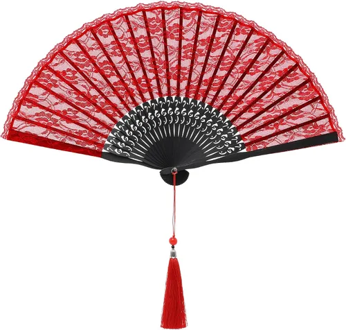 Vista 8 de BABEYOND - Abanico plegable de encaje de algodón con bordado, abanico de mano nupcial con astas de bambú para decoración de boda, baile y fiesta