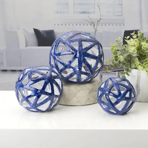 Vista 3 de Elements Juego de 3 esferas decorativas de cerámica, bolas decorativas azules para el hogar, acabado azul oscuro brillante, decoración moderna