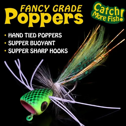 Vista 2 de Popper-Flies-para-mosca-pesca-topwater-panfish-bluegill-bajo-poppers moscas insectos señuelos A-Bass Poppers Flies-12pcs