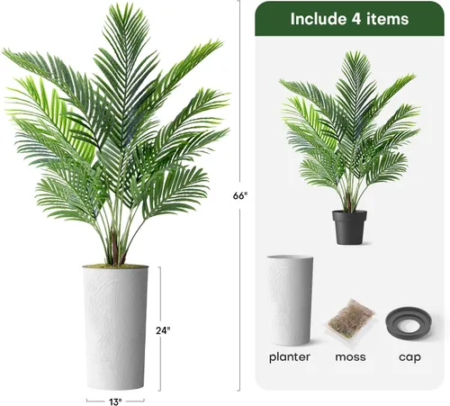 Vista 3 de Árbol artificial en macetero con efecto de mármol blanco, palmera tropical areca artificial de seda para decoración del hogar en interiores