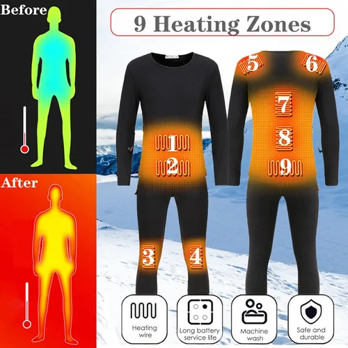 Vista 2 de Conjunto de ropa interior térmica con calefacción, ropa interior con calefacción USB para hombre, capa base de 9 zonas calentadas