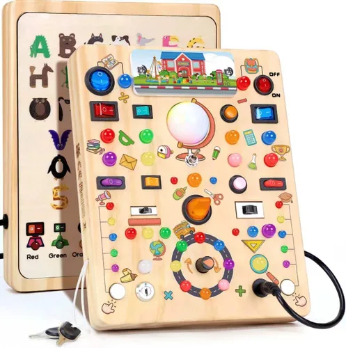 Vista 9 de Tablero de actividades con interruptores de luz LED, juguetes Montessori para niños de 1, 2, 3 años, tablero de actividades sensoriales de madera