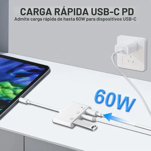 Vista 6 de Adaptador de Aux a USB C a USB, Adaptador OTG USB 3-en-1 con Adaptador de Audio USB C a 3.5mm y Puerto de Carga Rápida PD de 60W, Compatible