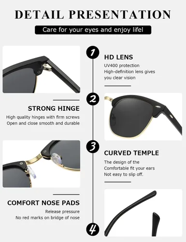 Vista 123 de AEVOGUE Gafas de sol polarizadas para mujeres y hombres semi marco retro gafas de sol AE0369